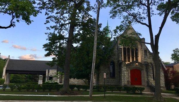 Grace Episcopal Church Hinsdale at Sunset (Front of church and side portico)