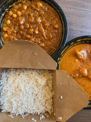 Chana, butter chicken and rice