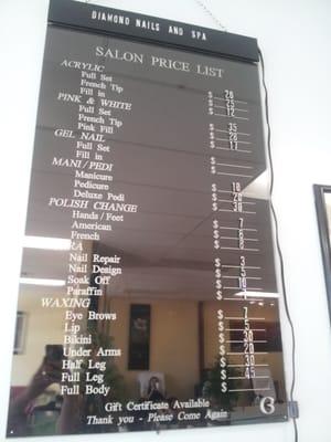 Salon price list in the store... don't forget to tip!