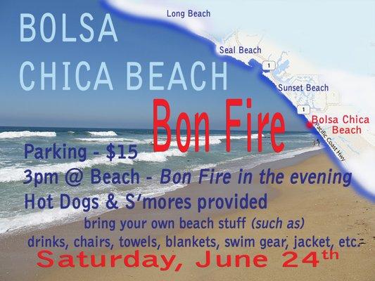 Bon Fire, surf, hot dogs, fellowship, Bible Study... awesome!