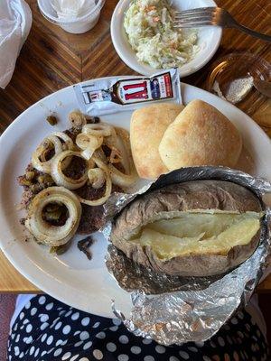 Hamburger steak potato rolls and cole slaw