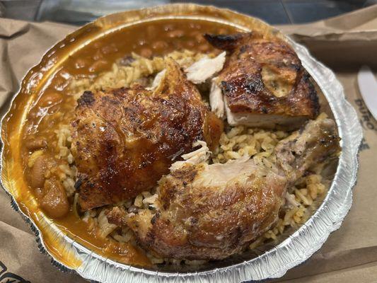 Rotisserie chicken, dirty rice with black beans, soupy red beans.$10