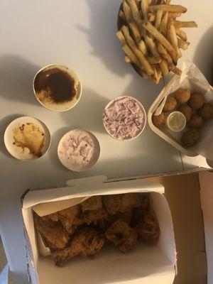 Chicken Combo 8 pieces with side of fries & purple slaw  -side of mash & gravy  -hush puppies