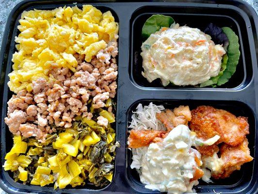 Soboro Gohan Bento with Soboro, scrambled eggs, takana, chicken nanban, and potato salad.