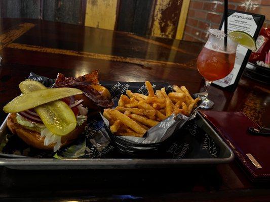 Bacon cheeseburger and fries with a Prickly Pear Margarita