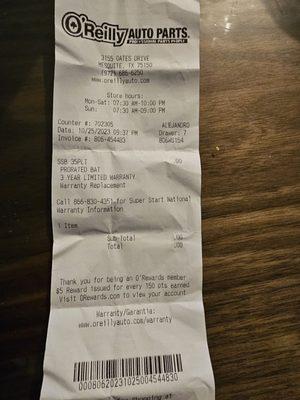 Receipt from battery warranty. I paid 0.00 dollars put 60.00 gas and solved my problem.