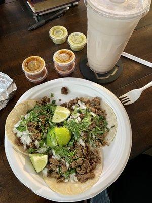 Asada tacos with horchata