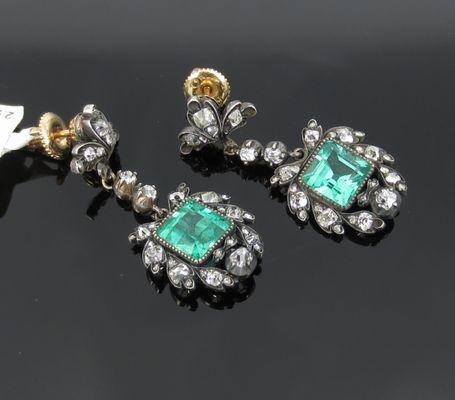 Antique Natural Untreated Colombian Emerald & Old Cut Diamond Earrings