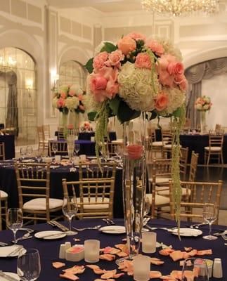 Tall and short flower arrangements at the Crystal Ballroom