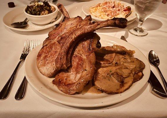 Tomahawk pork chop, lobster mac and cheese, Brussel sprouts