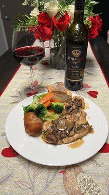 When you're in the mood for Italian! Our chicken marsala paired with baked potatoes, steamed veggies, Italian bread and a glass of wine!