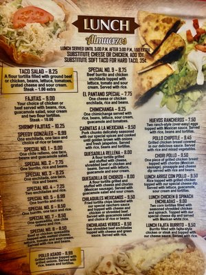 lunch menu at Los Potrillos Mexican Restaurant, Front Royal VA