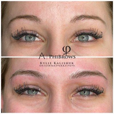 Microblading before and after. Sunday night appointment. Call for our flexible hours.