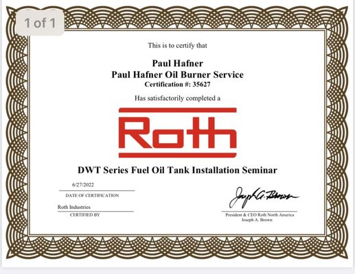 Roth Oil Tank Certificate