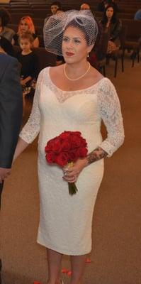 A front view of my wedding dress. Was extremely comfortable to wear all day with my 7 month old growing Monster in my belly.