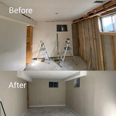 The before and after of a basement.