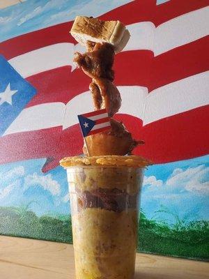 El Vasito Boricua: Mofongo, carne frita, bacalaito, y pincho / The Boricua Cup: Mofongo, fried pork, codfish fritter, & kebab