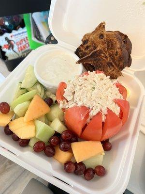 Low Cal Plate-Stuffed Beefsteak Tomato with chicken salad. (Purchased to-go)