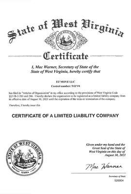 Certificate of LLC showing our registration within the state.