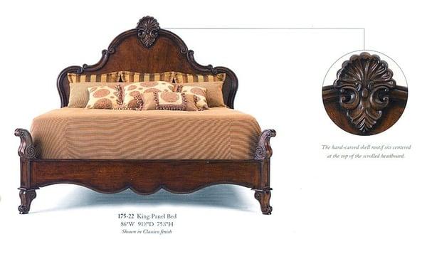 Carved Tuscan style bed with inlay headboard. Available in three finishes and sizes