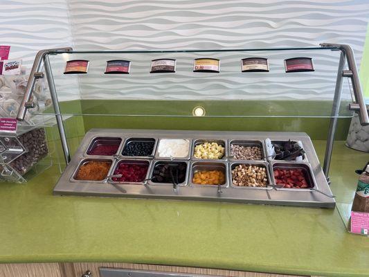 Toppings bar with fresh fruit and boba as options