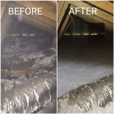 Before and after results of blow insulation in an attic to optimize energy efficiency.