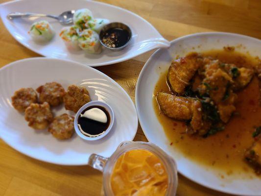 Thai Iced Tea, Fried Eggplant,  Garden Rolls, Thai Dumplings.