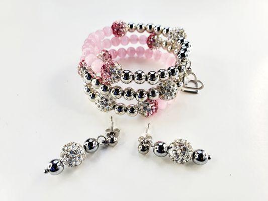 Stainless Steel Memory Wire Bracelet with Rhinestones & Stainless Steel Heart Charms with Earring Set