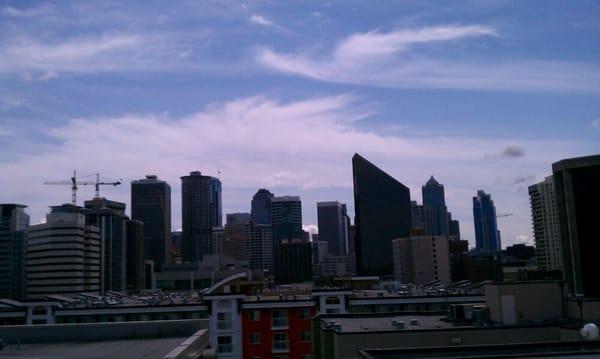 View facing the city from the rooftop deck.