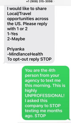 Mindlance 5/8 text message received today