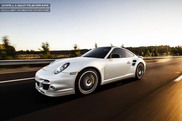 Porsche 997.2 Turbo S wrapped in 3M Satin Pearl White. By Gorilla Mad Film Wraps