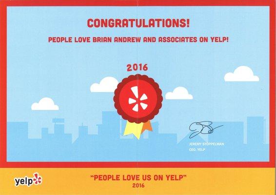 We are a proud recipient of a "People Love Us On Yelp" award in 2016.