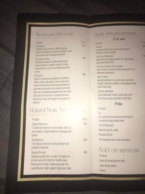 Menu / price list