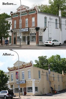 Before/after Masonic lodge exterior renovation