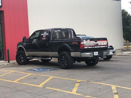 He parked his truck almost half way into the handicap spot and he refused to move it! No care