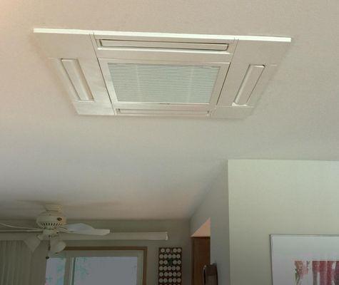 Ceiling unit. Low profile and unobtrusive. Like the four directional air flow. (unit is white)