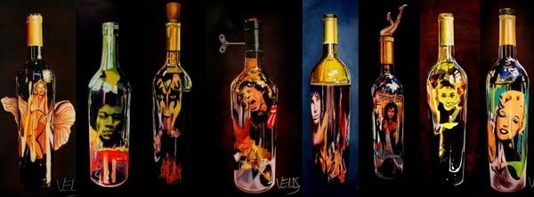 RockStar Reflections by WELLS . Acrylic on canvas artworks Reflecting  good times had with music and wine. WELLS capturing time in a bottle