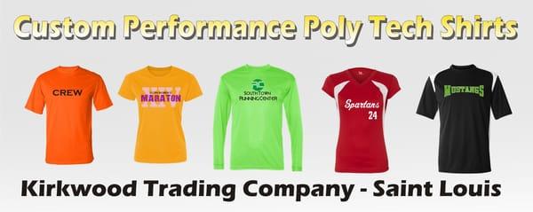 Custom screen print performance tech poly shirts. Dri-fit shirts are great for any shirt purpose. We'll print your logo fast.