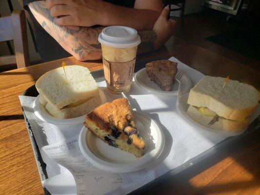 Breakfast sandwichs, apple crumb cake and blueberry cake  Yum!