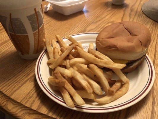 Wednesday $5 special. Big Moe (2 beef patties plus cheese, tartar sauce and lettuce with a warmed bun) nice hot fries and a medium drink.