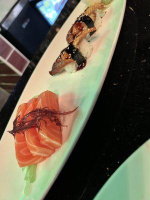 Salmon Sashimi 3 Pcs and Eel Sushi 2 Pcs