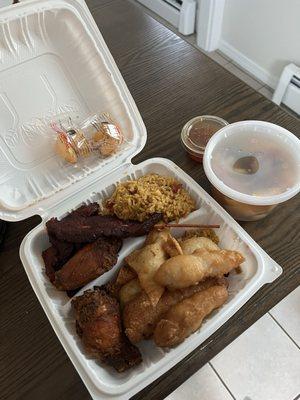 D2. Boneless Spare Ribs, Teriyaki Beef, Crab Rangoons, Chicken Fingers, Chicken Wing Combo