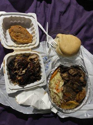 Jerk Pork with Rice and Peas, Plantains, Coco Bread, Jerk Chicken and Codfish Fritters