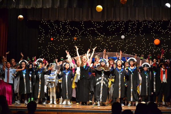 Betina Hershey and Garden Players kids bow at the end of Space Pirates, an original musical.