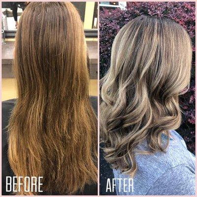 Before and after balayage and haircut