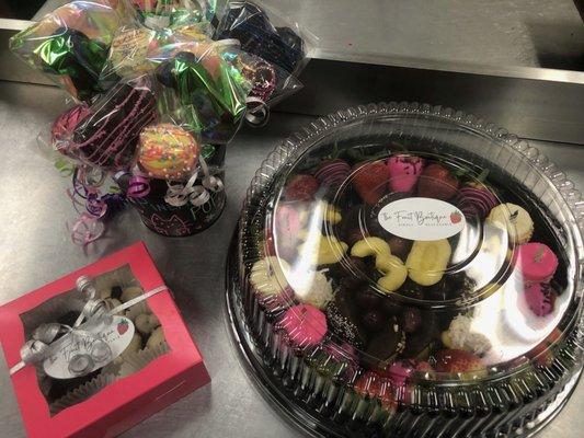 Birthday Fruit Platter with pineapple pops, cake pops and assorted truffles