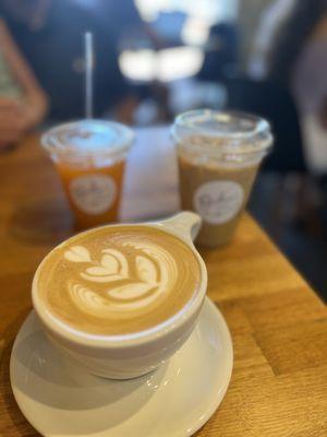 Caramel Latte, Honey Lavender Latte, and freshly squeezed Orange Juice