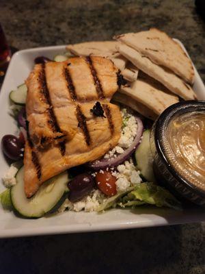 Greek salad with Salmon added. Total $17.50.