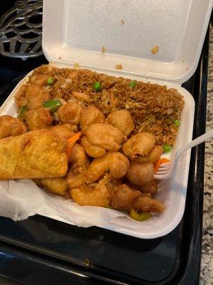 Tempura shrimp and shrimp fried rice.