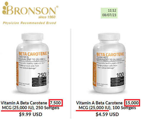 7500 MCG cannot equal 15,000 MCG but Bronson says they're BOTH 25,000 IU.